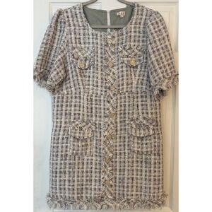 POL Tweed Dress LG White Colorful Plaid Fringe Button Detail Business Dressy